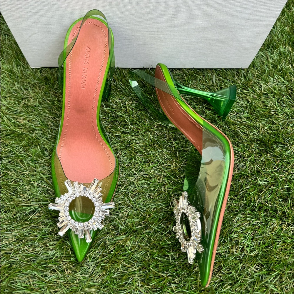 Amina Muaddi Green Heels with Crystal Embellishment